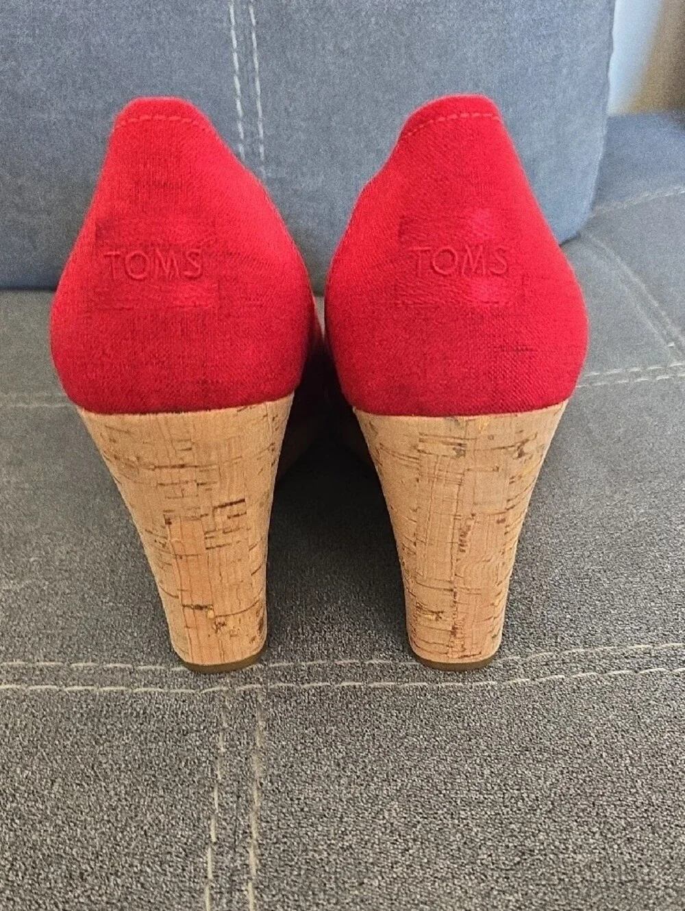 TOMS Red Peep-Toe Cork Wedge Espadrilles